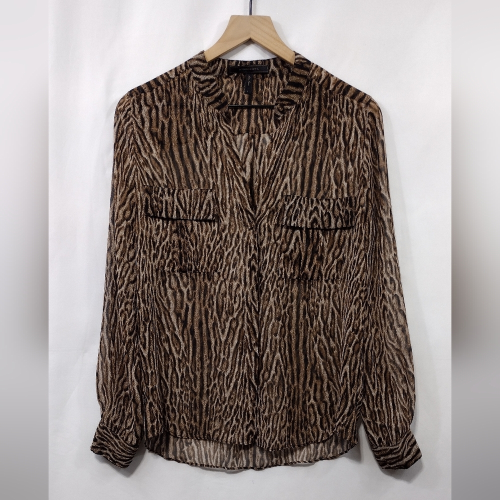 BCBG Max Azria Camel Combo Animal Print Button Top Women's S Brown Black Retro